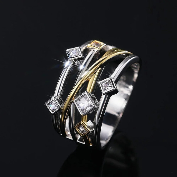 💥Multi Layer Glitter Square Shape Zircon Gold Stackable Fashion Ring,UNVN12118 - Picture 1 of 4